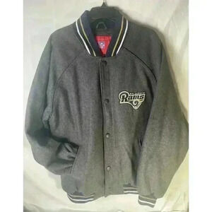 NFL Licensed St Louis Rams Mens Gray & Blue Wool Blend Bomber Jacket Size XL